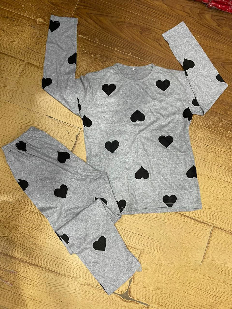 Grey heart printed design night suit fabric cotton jarsy - M.H fashion 