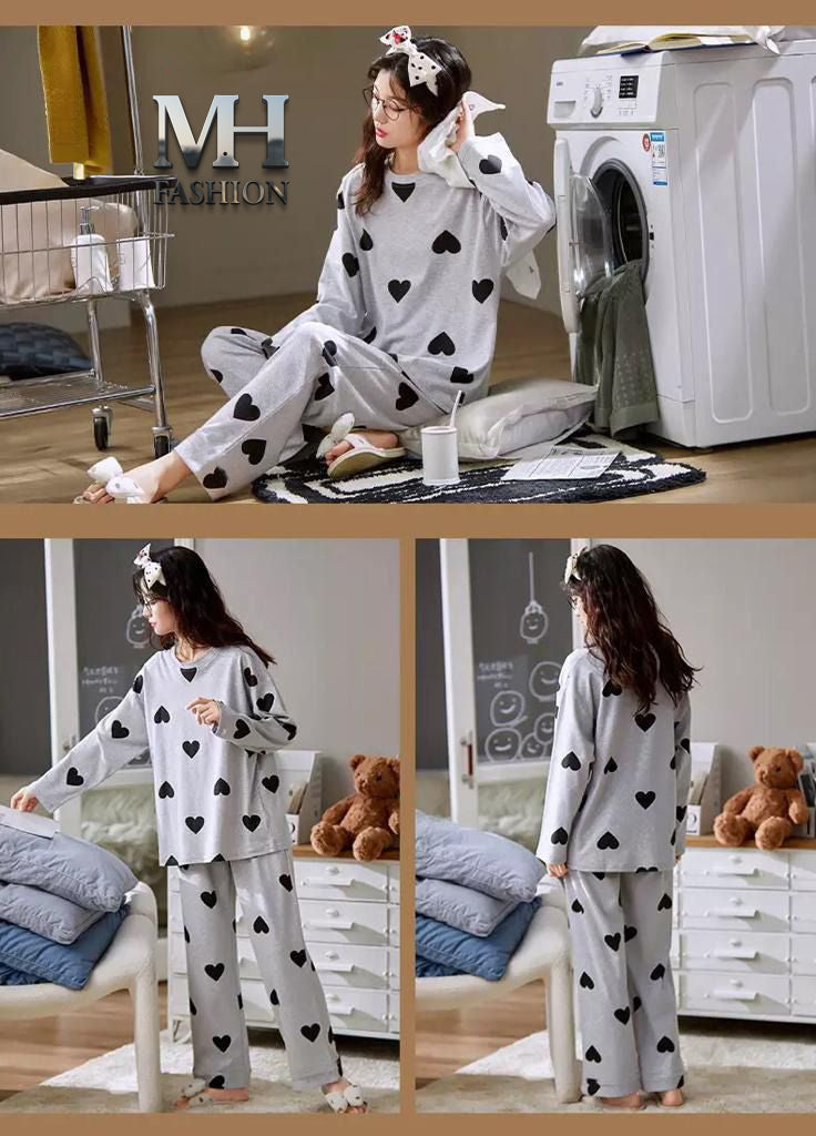 Grey heart printed design night suit fabric cotton jarsy - M.H fashion 