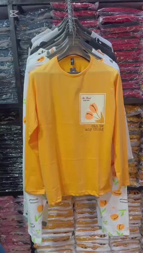 orange full sleeves printed design night suit cotton jarsy fabric